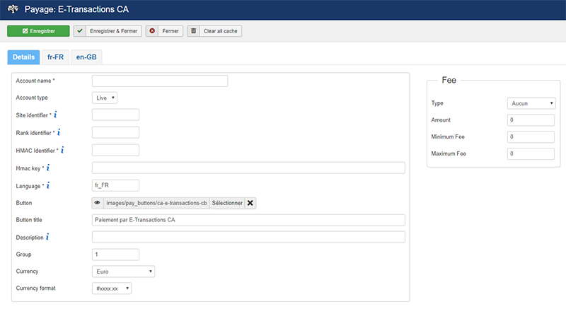 Paramètres de configuration de E-Transaction CA pour Payage Joomla