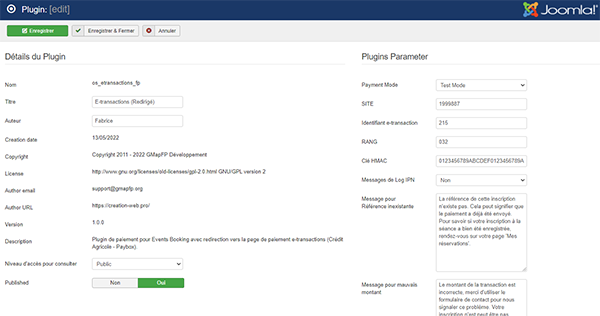 Paramètres de configuration de E-Transaction CA pour Payage Joomla