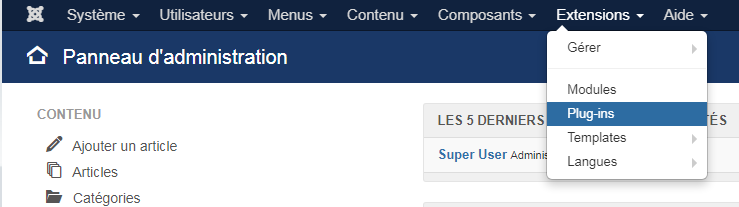 acces menu plugins Joomla